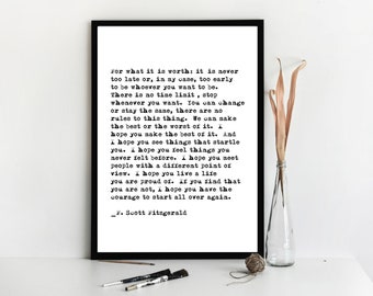 F Scott Fitzgerald For What It's Worth Quote Inspirational Print Gift, Typography Quote Print, Literary Quote Print, Inspirational Wall Art
