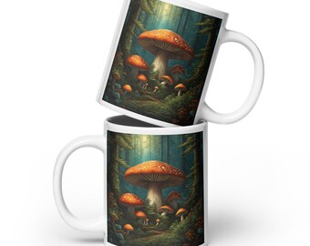 Rustic White Coffee Mug with Earth Tone Mushrooms, Forest Mushroom Detailed Mug, Tea Cup with Autumn Vibes