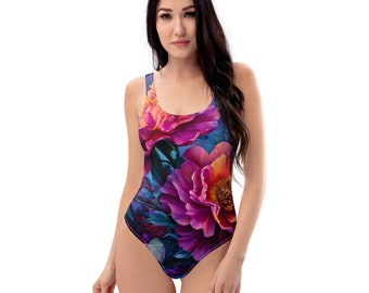 Dark Flower Print One-Piece Swimsuit, Sizes from Small to 3XL,  Plus size Beachwear, Swimming Suit