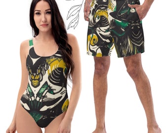 Couples Matching  Swimsuits, Abstract Vintage Matching Swimwear Set -His and Hers Beach Ensemble, Beachwear, Swimsuits for Couples