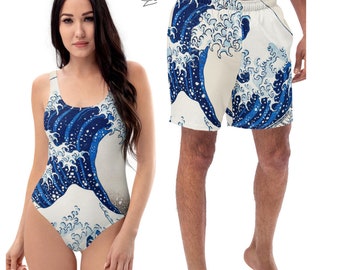 Hokusai's Great Wave Matching Swimwear Set - His and Hers Beach Ensemble, Beachwear, Swimsuits for Couples