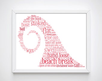 May include: A pink word cloud shaped like a surfboard with surfing terms like "wipe out", "hang loose", "swellfins", and "beach break".
