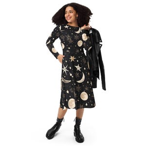 Moon and Stars Black Midi Dress: Celestial Goth Fashion