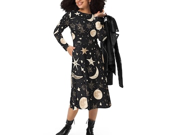 COSMIC FANTASY Midi Dress, CELESTIAL Long Sleeved Dress With Pockets,  Mystical Moth Dress, Astrology Dress, Boho Witchy Dress - Etsy