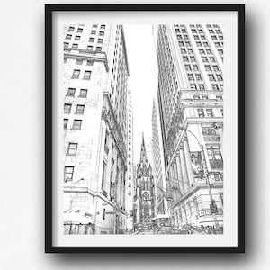 May include: Black and white sketch of a tall building with a church in the middle of the street. The buildings are tall and narrow, and the church has a pointed spire.
