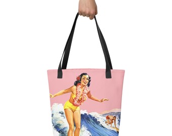Tote bag, Retro Surfing Girl Tote Bag, Vintage Vibes for Beach Lovers