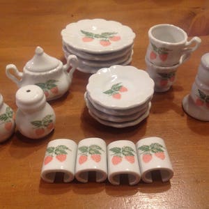Miniature Tea set parts, pink strawberry pattern, ships from Canada