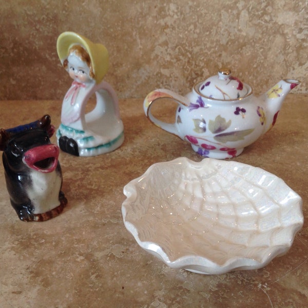 assorted ceramics, seashell, bull, little bo peep napkin ring, floral teapot, vintage, ships from Canada