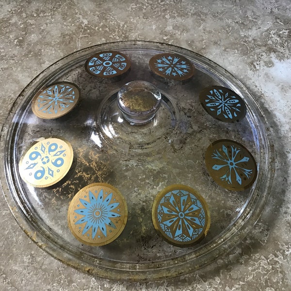 Round glasbake decorated lid with handle, culver, Georges Briard, medallions, gold and turquoise, ships from Canada