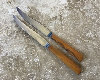 2 matching knives, butterscotch bakelite handles, vintage, ships from Canada