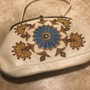 Leather, embroidered  and beaded purse, vintage, ships from Canada