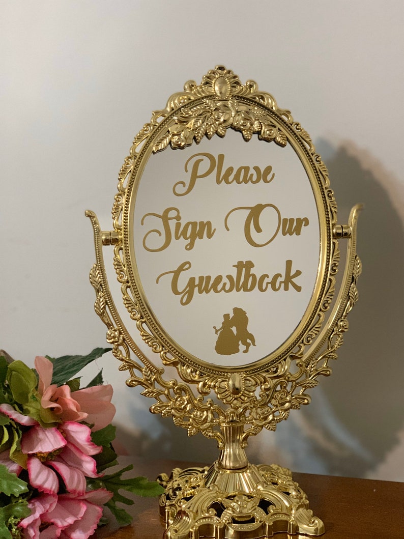 Please sign our guestbook/Wedding mirror sign/Fairytale centerpiece/Beauty and the beast party/Disney wedding/Bridal party sign image 3