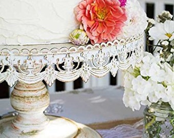 16" Shabby chic metal cake stand/Gorgeous white distressed pedestal cake