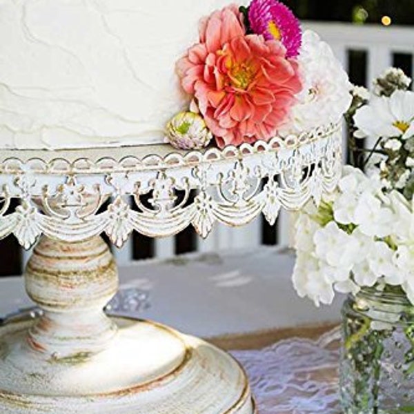 16" Shabby chic metal cake stand/Gorgeous white distressed pedestal cake