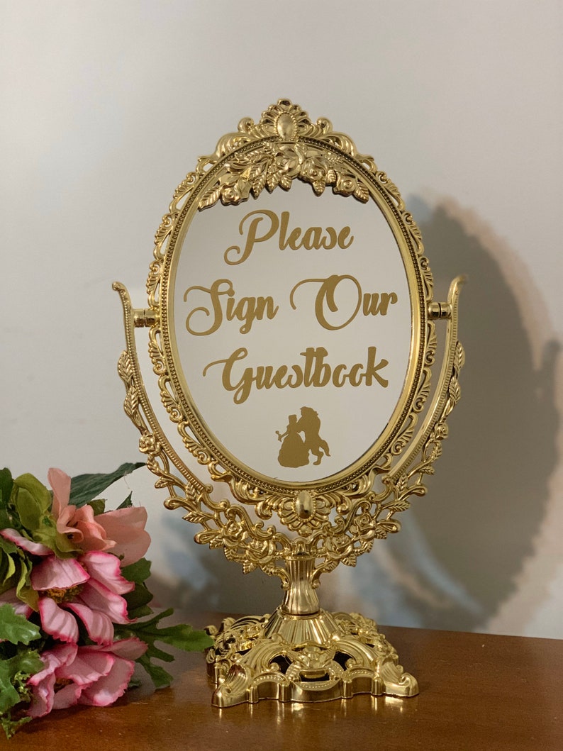 Please sign our guestbook/Wedding mirror sign/Fairytale centerpiece/Beauty and the beast party/Disney wedding/Bridal party sign image 1