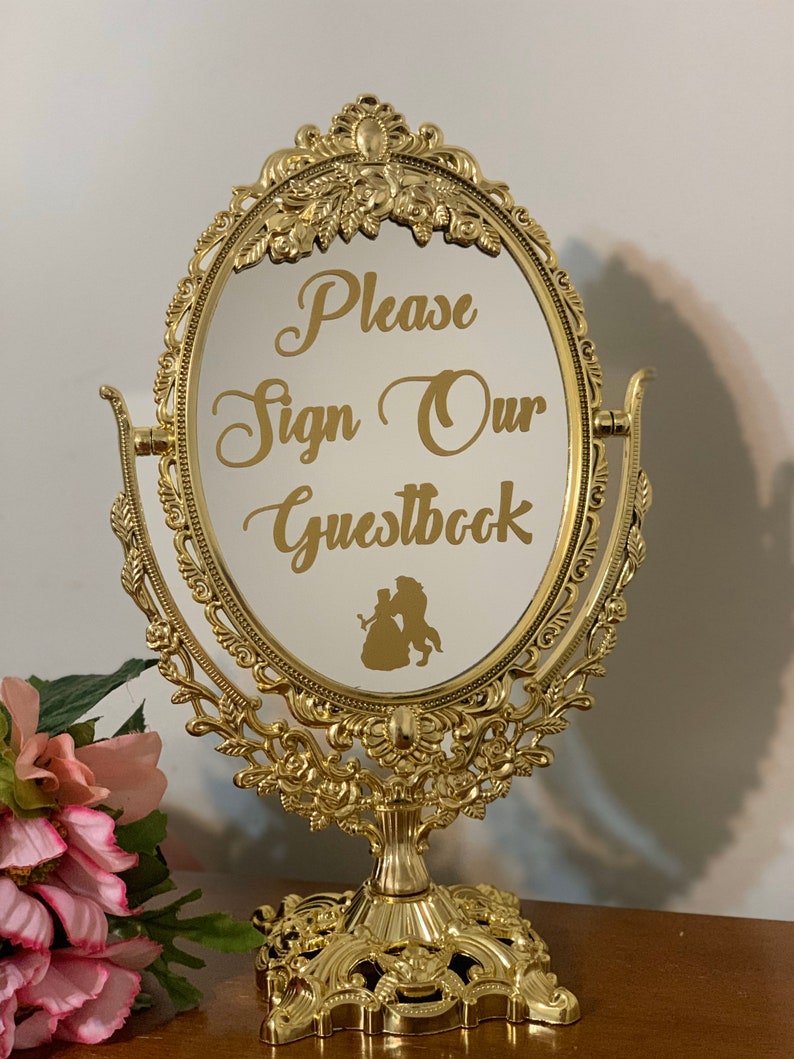 Please sign our guestbook/Wedding mirror sign/Fairytale centerpiece/Beauty and the beast party/Disney wedding/Bridal party sign image 4