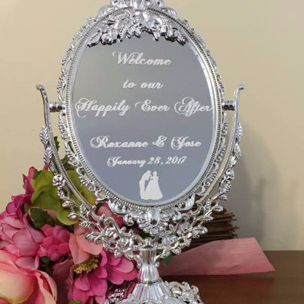 Welcome to our happily ever after/Wedding mirror sign/Cinderella party centerpiece/Princess party centerpiece/Wedding welcome sign/Mirror