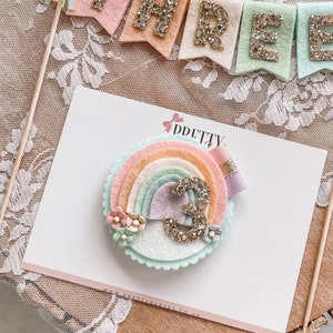 Girls Rainbow birthday badge | Birthday Party | First birthday | Floral | Felt badge |  Personalised Birthday Badge | Pastel Colours