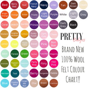May include: A color chart of 100% wool felt in various colors, including red, orange, yellow, green, blue, purple, pink, brown, and grey. The chart is labeled "PRETTY Baby 93 BRAND NEW 100% WOOL FELT COLOUR CHART!!"