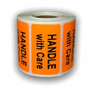 Handle with Care Labels | 2.5&quot;x1.5&quot; Bright Orange Fragile Shipping Label | Easy to Peel & Apply | 500 Labels