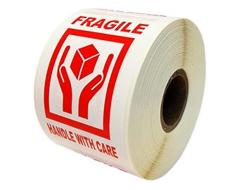 Shipping Labels - 2x3 Fragile Hands on Box Rd/Wh Stickers (600 Total)