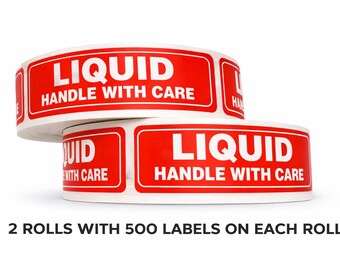 1x3 Liquid Handle with Care Labels Food Packaging Stickers 2 Rolls 1,000 Total