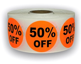 50% OFF Discount Stickers | Retail Sale Pricing Labels | Orange 1.5" Round Label | Easy to Peel and Apply | 500 Labels