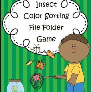 May include: A file folder game for kids to learn about insects. The game features a colorful illustration of a boy catching butterflies with a net. The title of the game is "Insect Color Sorting File Folder Game".