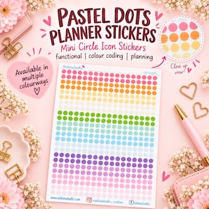 May include: A sheet of pastel dots planner stickers featuring rows of small circles in pink, orange, yellow, green, blue, and purple. The text reads Pastel Dots Planner Stickers, Mini Circle Icon Stickers, functional, colour coding, planning.