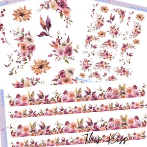 Puede incluir: Un conjunto de clipart digital con diseños florales de acuarela en tonos rosa, melocotón y marrón. El conjunto incluye flores individuales, ramos y bordes. El texto "This Kiss" está incluido en la imagen.