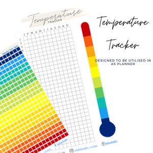 Puede incluir: Un rastreador de temperatura imprimible con un degradado de color arcoíris. El rastreador está diseñado para ser utilizado en un planificador A5. La imagen incluye el texto "Temperature Tracker" y "Designed to be utilised in A5 Planner".