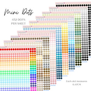 May include: A sheet of colourful mini dot stickers. Each sheet contains 432 dots, each measuring 0.47 cm in diameter. The dots are arranged in rows and columns, with a variety of colours, including red, orange, yellow, green, blue, purple, and pink.