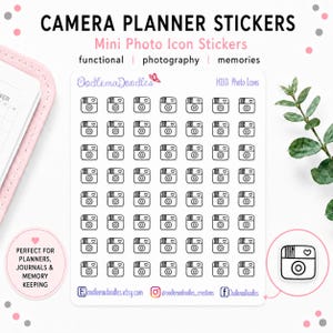 Könnte beinhalten: Ein Bogen mit Mini-Foto-Icon-Aufklebern mit schwarzen Strichzeichnungen von Kameras und einem kleinen Herz. Der Text lautet CAMERA PLANNER STICKERS, Mini Photo Icon Stickers, functional, photography, memories, OodlemaDoodles, H110: Photo Icons.