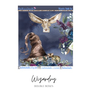 May include: A watercolour illustration of a wizard's hat, a snowy owl flying with a letter in its beak, and a small rat. The background is a blue watercolour wash with floral accents. The text "Wizardry Double Box" is at the top of the image.