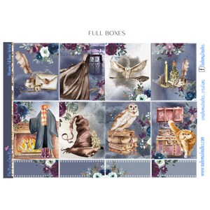 May include: A set of 9 digital planner stickers featuring a watercolour illustration theme of a magical school. The stickers include images of an owl, a hat, a fireplace, a letter, and a book. The stickers are designed for use in digital planners.