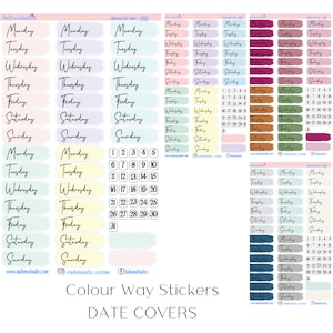 May include: A set of colourful stickers for a planner or journal. The stickers feature different colours and designs, including days of the week, numbers, and blank spaces. The stickers are labelled "Colour Way Stickers DATE COVERS".