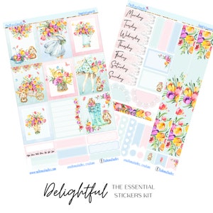 May include: A set of colorful floral stickers with a pastel blue and pink background. The stickers feature tulips, bunnies, and a girl in a dress. The text "Delightful The Essential Stickers Kit" is at the bottom of the image.