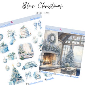 May include: Blue Christmas themed sticker sheet with illustrations of a Christmas tree, presents, a stocking, a car, a snow globe, a fireplace, and a wreath. The stickers are on a white background.
