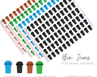 May include: Sheets of functional stickers featuring bin icons in various colors: brown, green, blue, and black. The stickers are available in four variations and three paper textures. Text on the image reads "Bin Icons" and "Functional Stickers".
