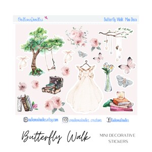 May include: A set of mini decorative stickers featuring a whimsical butterfly theme. The stickers include a tree with a swing, a dress, butterflies, flowers, books, and a suitcase. The stickers are perfect for adding a touch of whimsy to planners, journals, laptops, and more.