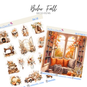 May include: A set of digital stickers featuring a variety of autumn-themed illustrations, including a window, a lantern, a sewing machine, a vintage truck, a pumpkin, and a bookshelf with a cosy reading nook. The stickers are perfect for adding a touch of autumn charm to planners, journals, and other creative projects.