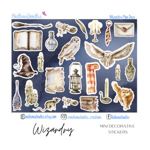May include: A set of 18 watercolour stickers featuring a wizardry theme. The stickers include a book, a hat, a lantern, a scarf, a feather, a candle, a potion bottle, a scroll, an owl, a cat, a rat, and a broom. The stickers are perfect for adding a touch of magic to your planner, journal, or scrapbook.