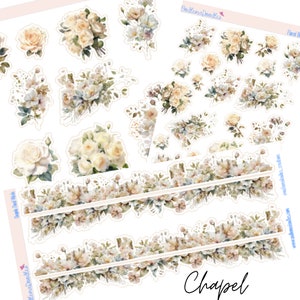 May include: A sheet of white sticker paper with floral designs. The stickers feature white roses, green leaves, and white flowers. The stickers are arranged in rows and columns. The text "Chapel" is printed at the bottom of the sheet.