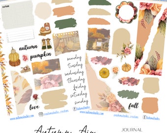 May include: A set of autumn-themed journal stickers featuring illustrations of pumpkins, leaves, flowers, and a campfire. The stickers are in various shapes and sizes, with a rustic and vintage aesthetic. The text "Autumn Air" and "Journal Stickers Kit" is included.