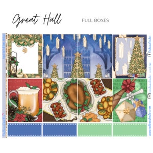 May include: A set of printable planner stickers featuring a festive Christmas theme with a Great Hall setting. The stickers include images of a fireplace, a Christmas tree, a feast, and gifts. The text "Great Hall" and "Full Boxes" is visible at the top of the image.