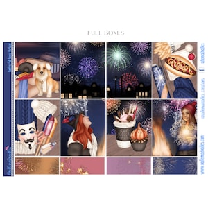 Op de afbeelding: Een digitale planner sticker sheet met een nieuwjaars thema. De stickers bevatten vuurwerk, een warme chocolademelk, een cupcake, een hond, een persoon met een masker en een persoon met een heksenhoed. De stickers zijn ontworpen om te worden gebruikt in een digitale planner.