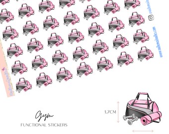 May include: A sheet of functional stickers featuring a repeating pattern of pink and black gym bags, pink yoga mats, and gray dumbbells. The text "Gym Functional Stickers" is at the bottom of the sheet. A single sticker is shown below with measurements of 1.7 cm by 1.9 cm.