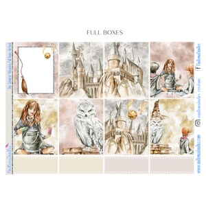 May include: A set of nine digital planner stickers featuring watercolour illustrations of Hogwarts castle, a snowy owl, a witch, and a golden snitch. The stickers are designed for use in digital planners and are perfect for fans of the Harry Potter series.