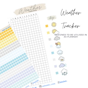 May include: A printable weather tracker with a grid for each month of the year. The tracker includes a key with icons for different weather conditions, such as sunny, cloudy, rainy, and snowy.