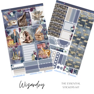 May include: A set of 12 printable planner stickers featuring a wizardry theme. The stickers include owls, a wizard, a hat, a book stack, a suitcase, and a train. The stickers are in shades of blue, grey, and gold.